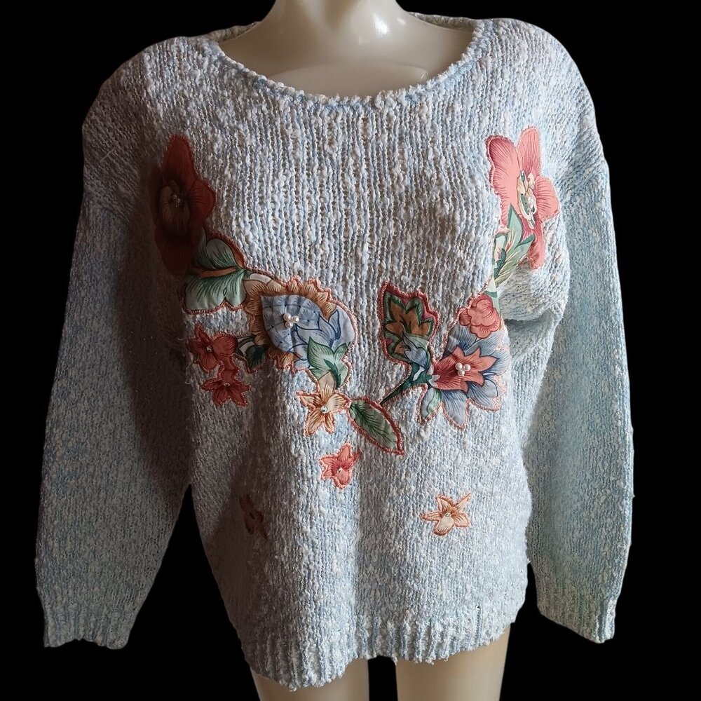 Medium Womens Sweater Medium 90's Penbrooke Lane Floral Embroidered Pullover 3D